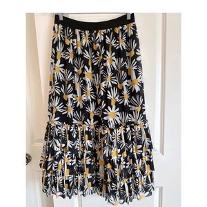 Anthropologie Eva Franco Yellow Daisy Tiered Mesh Midi Skirt Black Floral